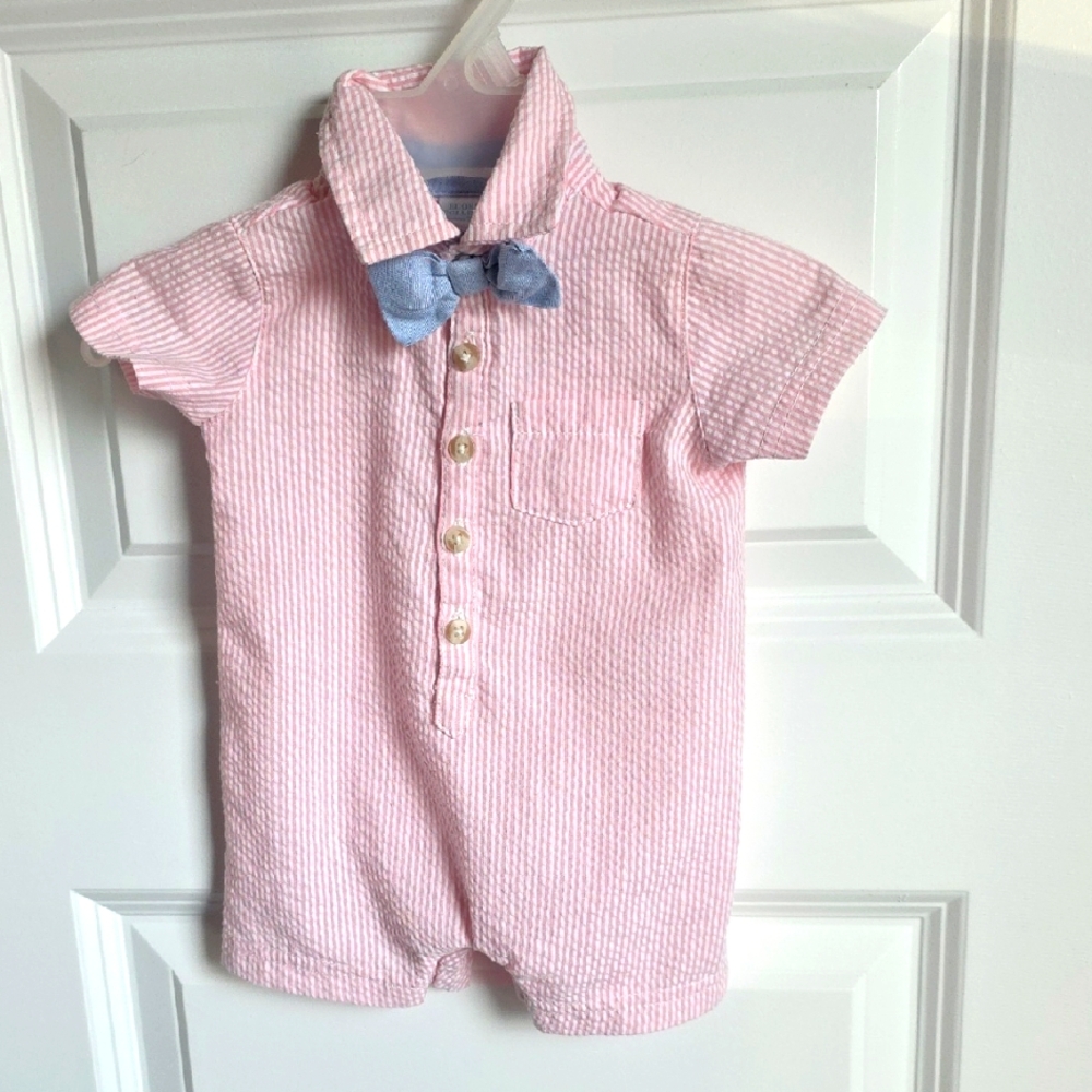 Edgehill Collection Pink Seersucker Romper with Blue Bow Tie In Boys Newborn